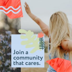 Blonde-haired woman dancing with arms up and text that reads "Join a community that cares"